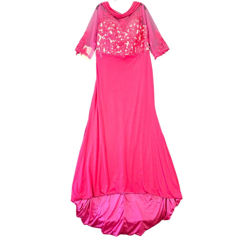 LanTing TS Couture Women Dress Size 1XL Pink Maxi Formal Short Sleeve Chic Lace